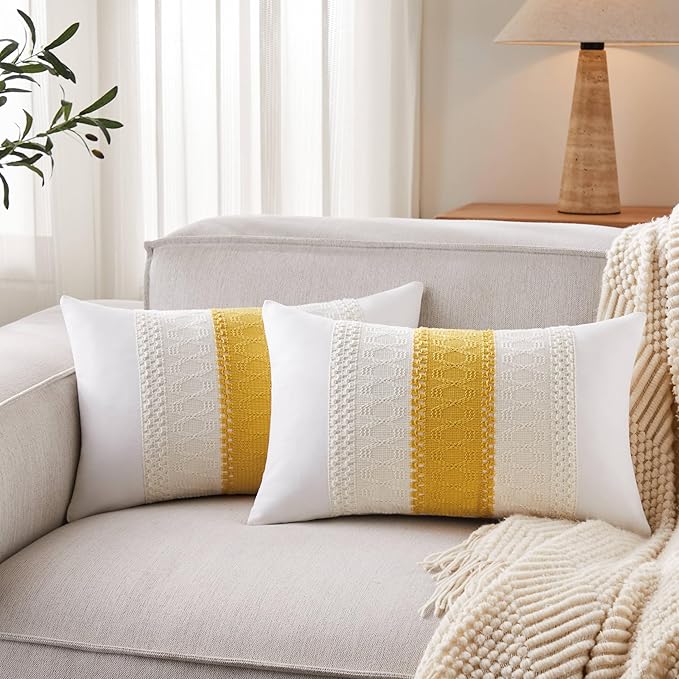 2pk Boho Pillow Covers 12x20, Natural White/Contrast/Mustard Yellow | 100% Organic Cotton Body, Stripe Embroidery, Farmhouse Decorative Cushion Covers for Sofa Bed Living Room Home Decor
