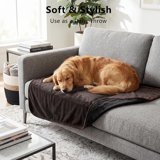Waterproof Blanket - Reversible Dog Throw as Furniture Protector | Soft Velvet & Flannel, TPU Leak-Proof Liner, Machine Washable, Fits Couch and Bed, 82" x 120", Lightbrown/Darkbrown