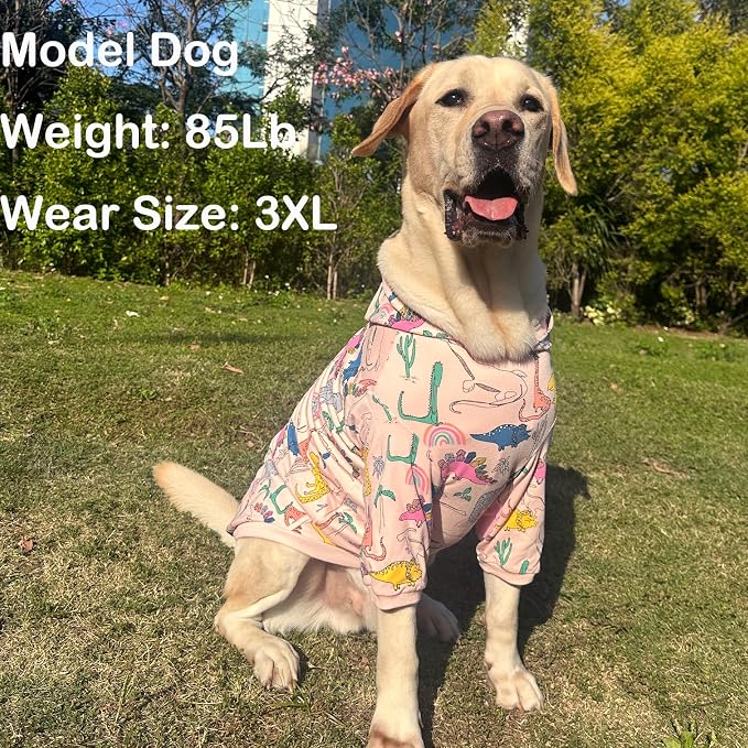 Dog Cotton Hoodie Pullover Sweatshirts Soft and Stretch Pets Clothes Colorful Dinosaur Hooded for Medium Large Dogs（Pink Dino L）