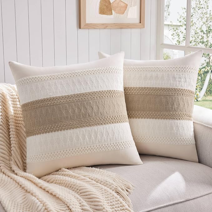 2 Pack Boho Throw Pillow Covers, Contrast Taupe 22x22in | Soft Breathable Cotton, Farmhouse Decorative Couch Pillow Cases, Cushion Covers for Sofa Bed Living Room Home Decor