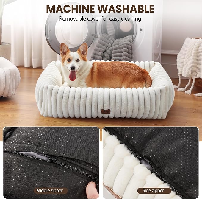 Dog Bed Medium Size Dog, Rectangle Orthopedic Pet Bed for Car and Indoor, Comfort Fluffy Memory Foam Dog Beds with Anti-Slip Bottom, Cream (30x24x8 inches)