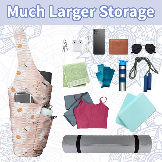 Yoga Bag for Women, Large Yoga Mat Bag Tote Carrier with Wet Dry Pocket, Water Bottle Holder & Adjustable Strap, Fits 1/2" Thick Yoga Mat for Gym, Pilates, Travel, Work