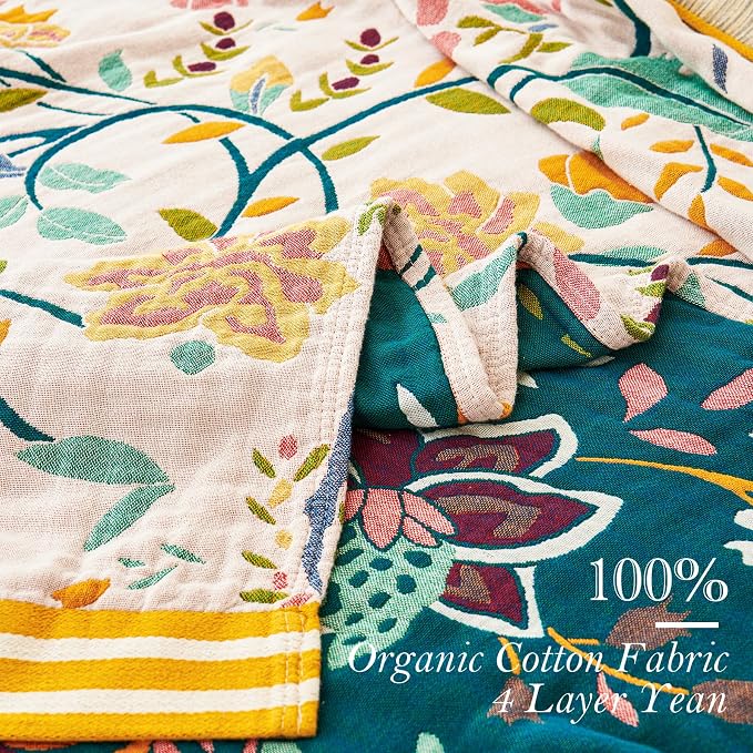 VANJOROY Boho Throw Blanket, 100% Organic Cotton Breathable Ultra Soft 91" x 98" Bed Quilt Throw - All Season Floral Rustic Farmhouse Decor Luxury Reversible Blanket for Sofa Couch Chair and Gift