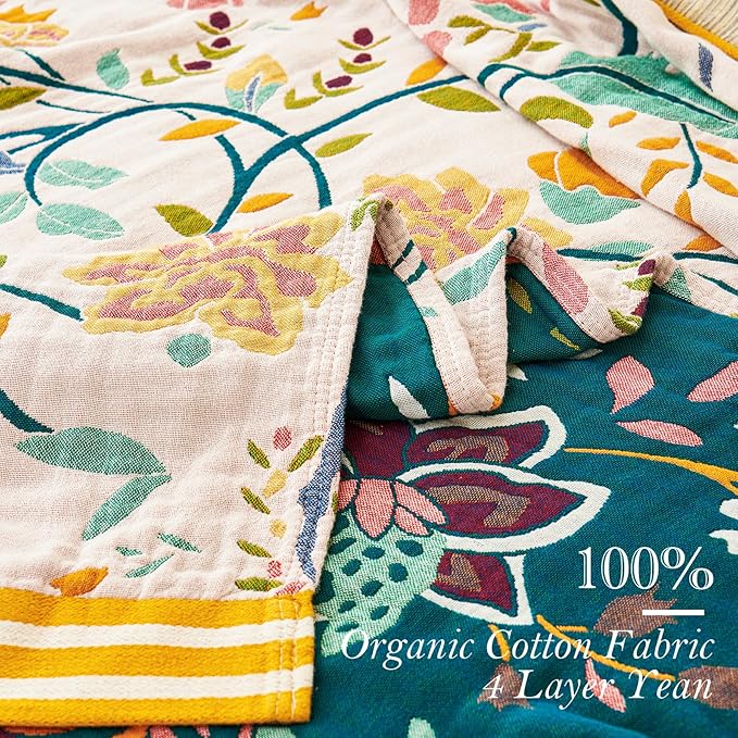 VANJOROY Boho Throw Blanket, 100% Organic Cotton Breathable Ultra Soft 91" x 108" King Bed Quilt Throw - All Season Floral Rustic Farmhouse Decor Luxury Blanket for Sofa Couch Chair and Gift