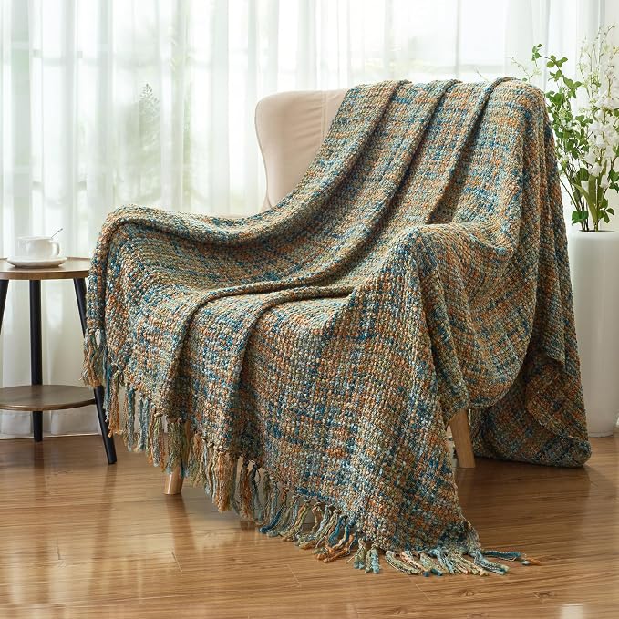 Multi-Color Cable Woven Throw Blanket for Couch - 60"X80" | Multicolored Boho Style,Super Soft Warm Cozy Chunky Blankets with Decorative Tassels for Bed and Sofa,Gold Green