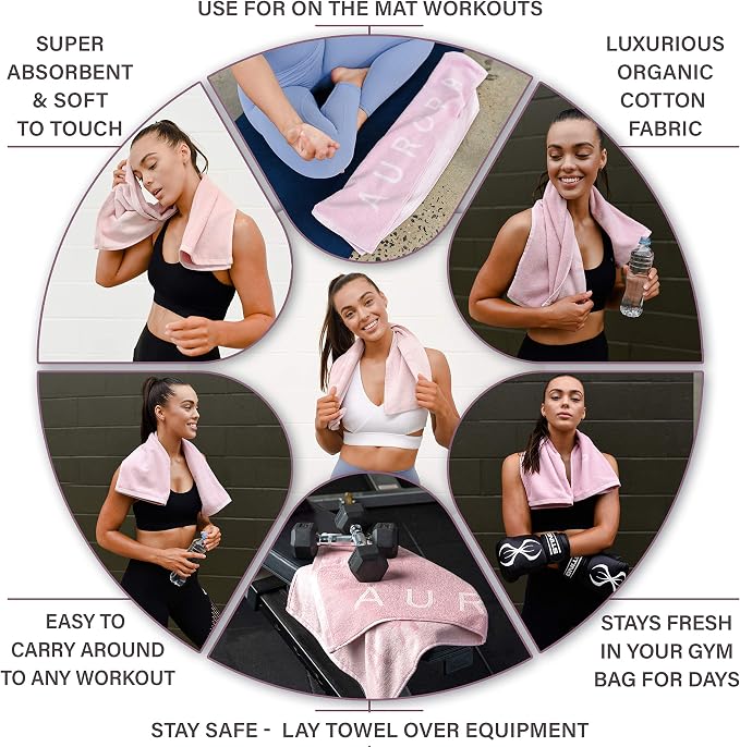 Pink Gym Towel for Women - Organic Cotton Silver Infused Sweat Towel, 500 GSM, 31.5"x15.75" - Soft Absorbent Workout Towel for Gym Yoga Spin and Pilates, Exercise Towel