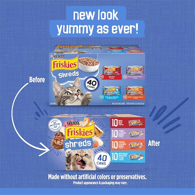 Friskies Purina Wet Cat Food Variety Pack, Shreds with Beef, Turkey & Cheese Dinner, Chicken & Salmon Dinner, and with Ocean Whitefish and Tuna - 5.5 oz. Cans (Pack of 80)
