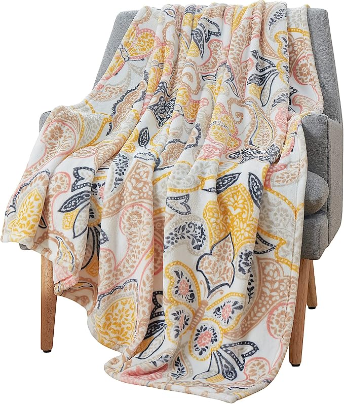 Bohemian Floral Fleece Throw Blanket: Velvety Soft, Durable Paisley Boho Accent for Bed or Couch (Yellow Paisley, 50 x 70 inches)