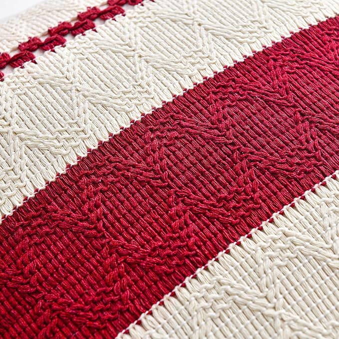 Fancy Homi Set of 2 Boho Red Decorative Throw Pillow Cover 22x22 Inch for Couch Bed Sofa, Aesthetic Modern Organic Farmhouse Home Decor, Soft Cotton Cute Accent Macrame Woven Cushion Case