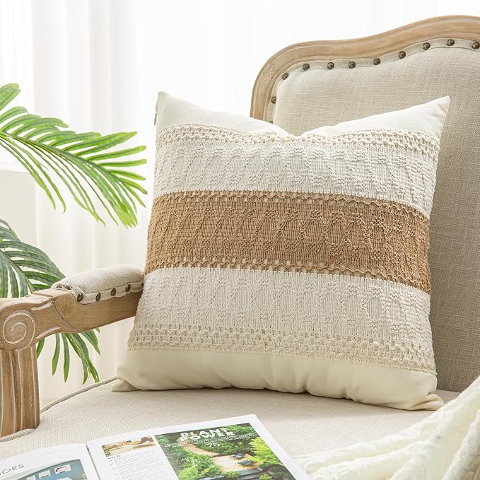Throw Pillow Covers 1PC for Farmhouse Living Room, Cotton Causes The Size to be Smaller, 18x18 Inch / 45x45cm, Textured Striped Woven Boho Pillow Covers (Beige & Brown, Single Striped)