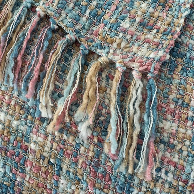 Multi-Color Cable Woven Throw Blanket for Couch - 60"X80" | Multicolored Boho Style,Super Soft Warm Cozy Chunky Blankets with Decorative Tassels for Bed and Sofa,Pink Blue