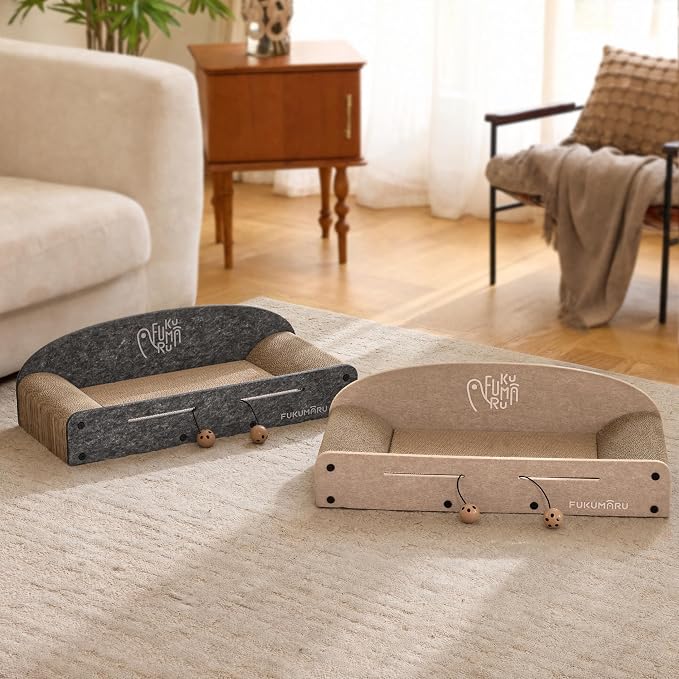 FUKUMARU Large Cat Scratcher Bed, 26 Inch Cat Scratching Bed Sofa Indoor | Cardboard Cat Scratcher with 2 Reversible Scratch Pad Refills, Durable Large Cat Scratching Lounger with Ball Toy, Beige