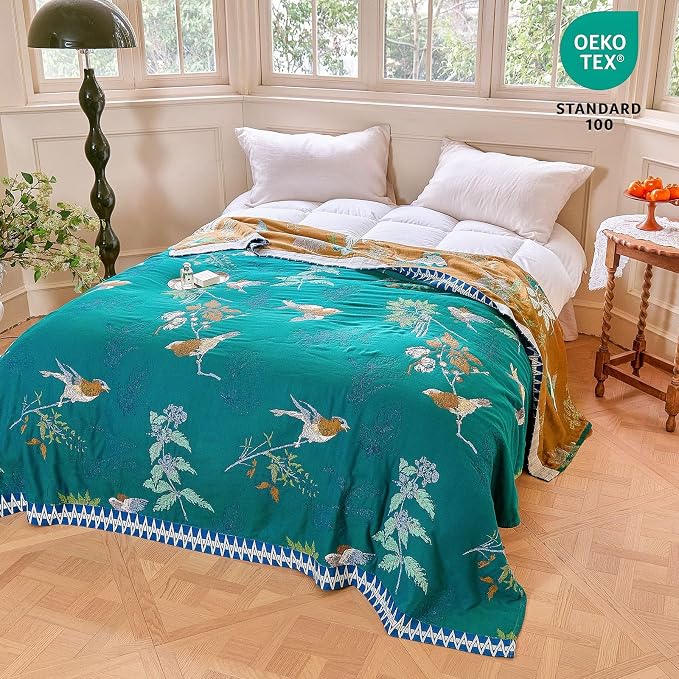 MSGKV Boho Throw Blanket 60"x80" Aviary Botanical Cotton Throw Blanket | Aviary Botanical Pattern, Muslin Throw, Reversible Woven, Lightweight Comfort, Twin Size Blanket, Decorative Home Accent