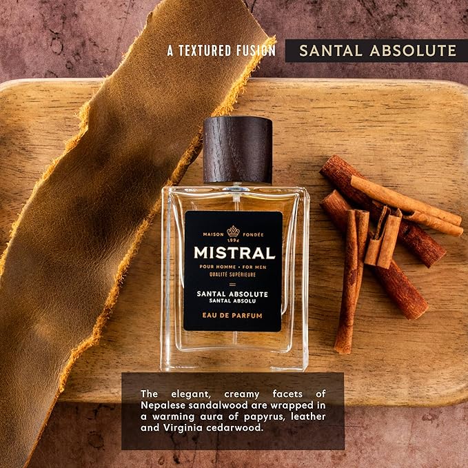 Mistral Men’s Cologne – Santal Absolute Eau de Parfum | Warm & Woody Masculine Scent with Cinnamon, Musk, Patchouli & Sandalwood | Cruelty-Free & Long-Lasting Cologne for Men, Made in France - 3.4 Oz