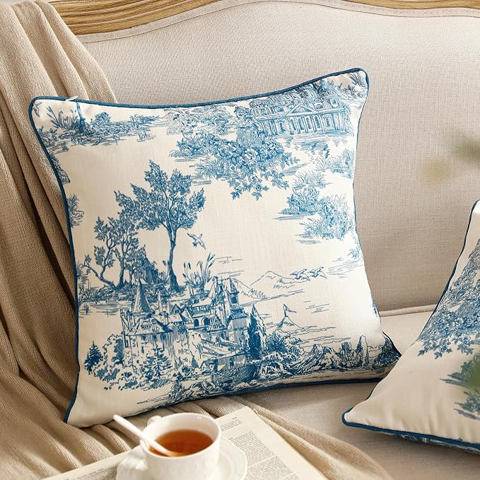 patdrea French Vintage Linen Throw Pillow Cover,18"x18",Set of 2-Lucerne A | Decorative Pillow Case,Chinoiserie Blue and WhitePillow Cover for Couch Living Room Bedroom Sofa