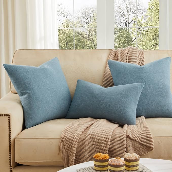 Rustic Linen Lumbar Pillow Covers Set of 2, River Blue 12x20in | Textured Pillow Case, Rustic Cotton Linen Fabric, Modern Farmhouse Cushion Covers for Sofa Bed Living Room Home Decor
