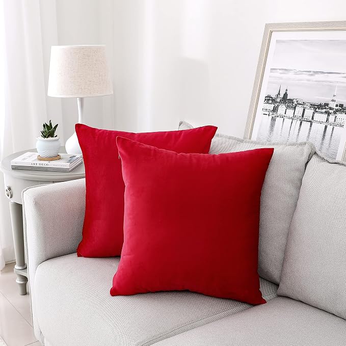 NiNi ALL Red Velvet Throw Pillow Covers 20x20 Pack of 2 Decorative Couch | Soft Solid Boho Cushion Squar Pillow Cases for Chair Sofa Bedroom Farmhouse Living room Modern Luxury Home Decor Christmas