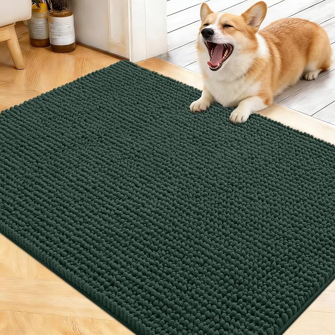 OLANLY Dog Door Mat for Muddy Paws 40x32, Extra Absorbent Chenille Mud Mat | Blackish Green, Absorbs Moisture and Dirt, Non-Slip Machine Washable Doormat, Quick-Drying Indoor Entryway Floor Mat for Dogs