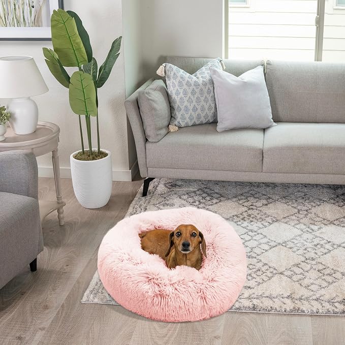 Best Friends by Sheri The Original Calming Donut Dog Bed for Small Dogs up to 25 lbs, Shag Faux Fur, Cotton Candy Pink, 23" x 23"