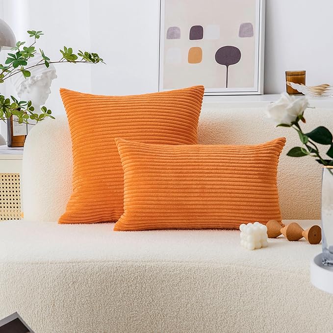 Home Brilliant Burnt Orange Throw Pillow Striped Corduroy Plush Velvet Pillow Cover for Living Room Bed, Orange, 24x24 inches (60cm)