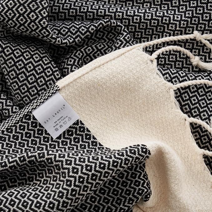 BAY LAUREL Turkish Hand Towel – Pack of 2 | Soft & Absorbent Decorative Towels for Bathroom, Hand, Face, Hair, Gym, Yoga, SPA, Kitchen & Tea | Boho Decor (Black, Diamond 15x26 Inches (Set of 2)