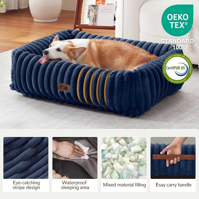 Dog Bed Medium Size Dog, Rectangle Orthopedic Pet Bed for Car and Indoor, Comfort Fluffy Memory Foam Dog Beds with Anti-Slip Bottom,30 x24 x9 Inches,Navy