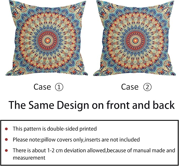 Boho Mandala Floral Pillow Covers 18X18 Inch Set of 2 Navy Blue Orange Abstract Flower Decorative Pillow Cases Colorful Retro Ethnic Cotton Linen Cushion Case Home Decor For Sofa Couch Porch Outdoor