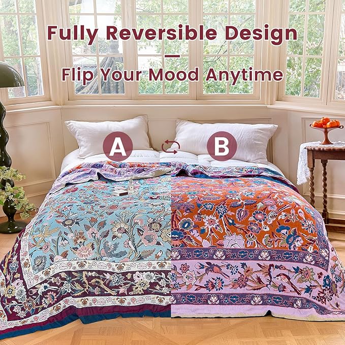 MSGKV Boho Throw Blanket 60"x80" Summer Cotton Birds Floral Blanket for Bed | 100 Cotton Muslin, Bird & Floral Throw Blanket, Reversible Weave, Soft & Breathable, Nature Inspired Design, Machine Washable