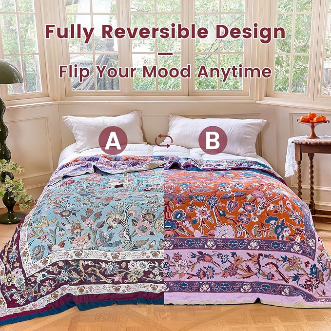 MSGKV Boho Throw Blanket 50"x60" Cotton Bird & Floral Throw for Bed & Couch | 100 Cotton Muslin, Bird & Floral Throw Blanket, Reversible Weave, Soft & Breathable, Nature Inspired Design, Machine Washable