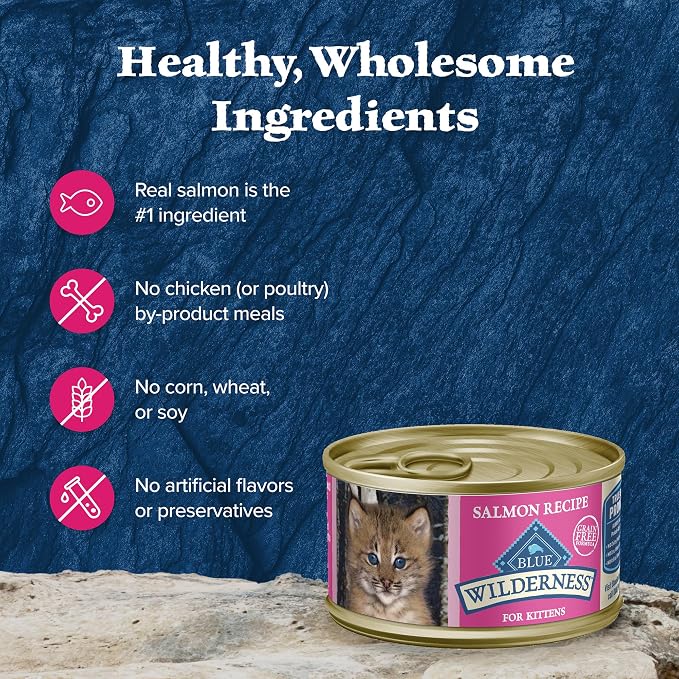 Blue Buffalo Wilderness Natural High Protein Grain Free Wet Food for Kittens,Salmon Pate,3-oz,(Pack of 48)