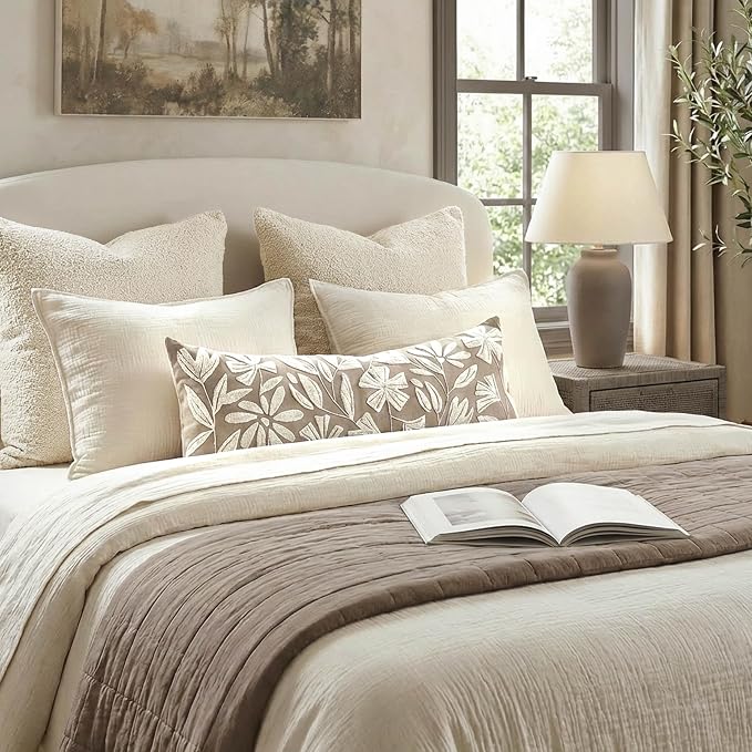 Long Lumbar Pillow Cover 14x36 for Bed, Light Taupe Floral Tufted Velvet Accent Oversize Throw Pillowcase for Bedroom, Cover Only