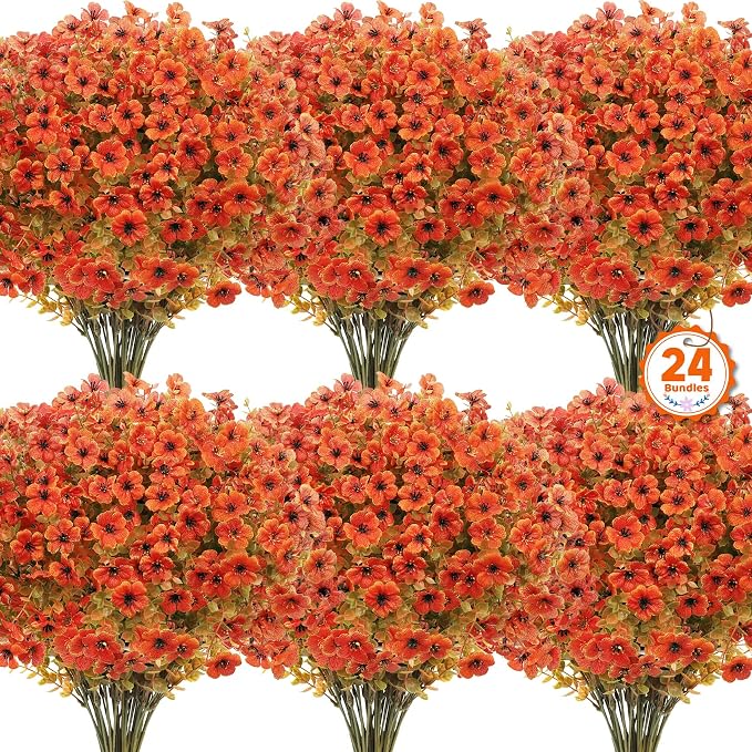 24 Pcs Artificial Fall Flowers, Fake Mums Outdoors, Fall Orange | Lifelike faux mums, silk flower, UV resistant, no-maintenance, for autumn Thanksgiving garden porch yard indoor outdoor decor