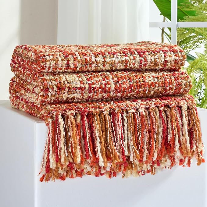 Multi-Color Cable Woven Throw Blanket for Couch - 50"X60" | Multicolored Boho Style,Super Soft Warm Cozy Chunky Blankets with Decorative Tassels for Bed and Sofa,Dark Red