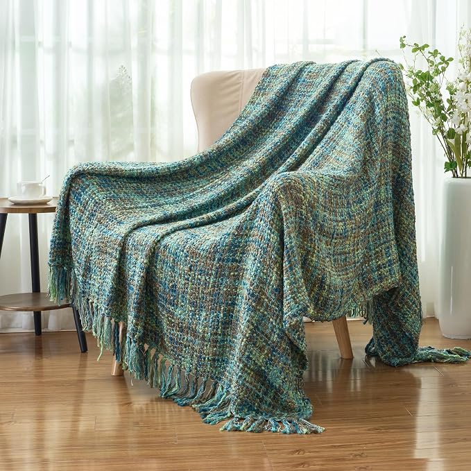 Multi-Color Cable Woven Throw Blanket for Couch - 50"X60" | Multicolored Boho Style,Super Soft Warm Cozy Chunky Blankets with Decorative Tassels for Bed and Sofa,Green
