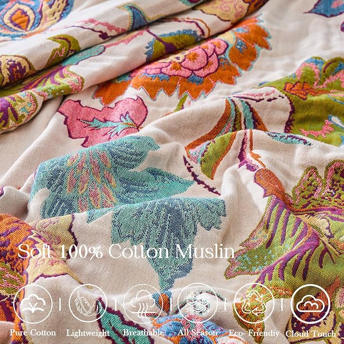 XIBLC Boho Throw Blanket 100% Cotton Vintage Blanket Muslin Woven Flower Decorative Throw Blankets All Season Bohemian Rustic Farmhouse Decor Quilt for Bed (Beige 80"x90")