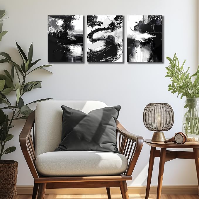 DNIEOTU Abstract Wall Art for Living Room, Black and White Canvas Wall-Decor for Bedroom, Picture Prints, Size 12 x 16 Inches 3-Pieces