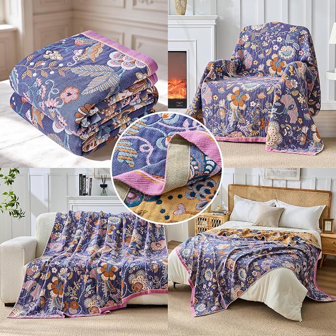 Boho Throw Blanket Farmhouse Decor Throw Blanket Bohemian Blanket for Bed 100% Cotton Muslin Woven Couch Blanket All Seasons Quilt Bedroom (H-Purple, 60"x80")