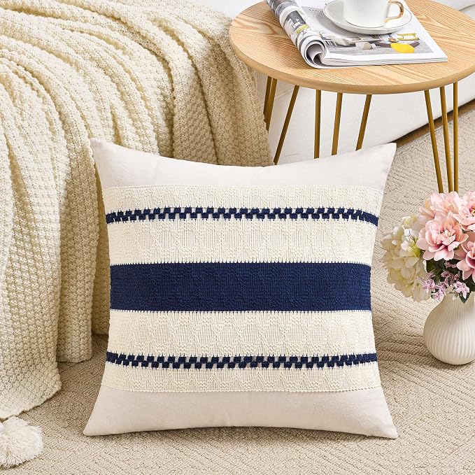 Fancy Homi Set of 2 Navy Blue Euro Decorative Throw Pillow Covers 26x26 Inch for Couch Bed Sofa Living Room, Aesthetic Modern Organic Farmhouse Home Decor, Soft Cotton Woven Textured Cushion Case