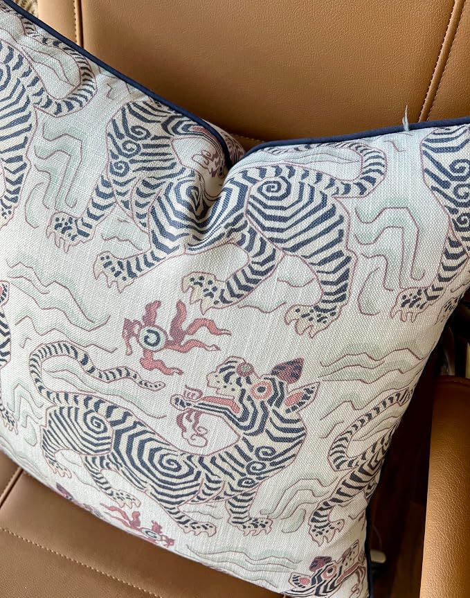 Chinoiserie Tiger Print 20x20 Throw Pillow Cover, Grey | Folk-art chinoiserie tigers on off-white slub, grey piping; both sides printed; hidden z; cover only