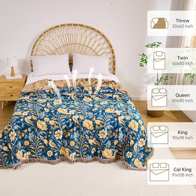 VANJOROY Boho Throw Blanket, 100% Organic Cotton Breathable Ultra Soft 80" x 90" Bed Quilt Throw - All Season Floral Rustic Farmhouse Decor Luxury Reversible Blanket for Sofa Couch Chair and Gift