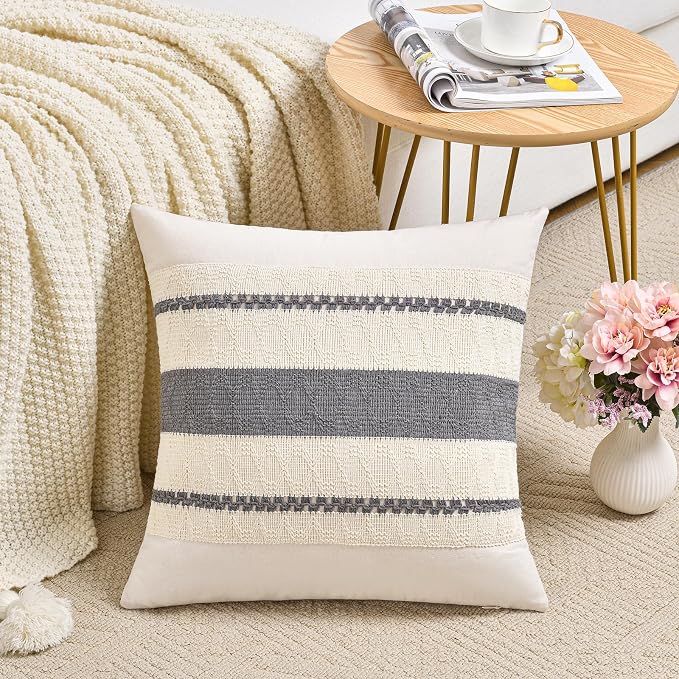 Fancy Homi Set of 2 Neutral Grey Farmhouse Decorative Throw Pillow Covers 22x22 Inch for Couch Bed Chair Indoors, Vintage Country Rustic Retro Room Decor, Soft Thick Cotton Handmade Woven Cushion Case