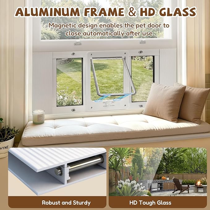 Full-Size Cat Door for Window, H: 15.3", Fit 28"-32" Window | Weatherproof Aluminum Frame & HD Glass, Quick 1-Minute Installation, Magnetic Closing Window Cat Door Insert