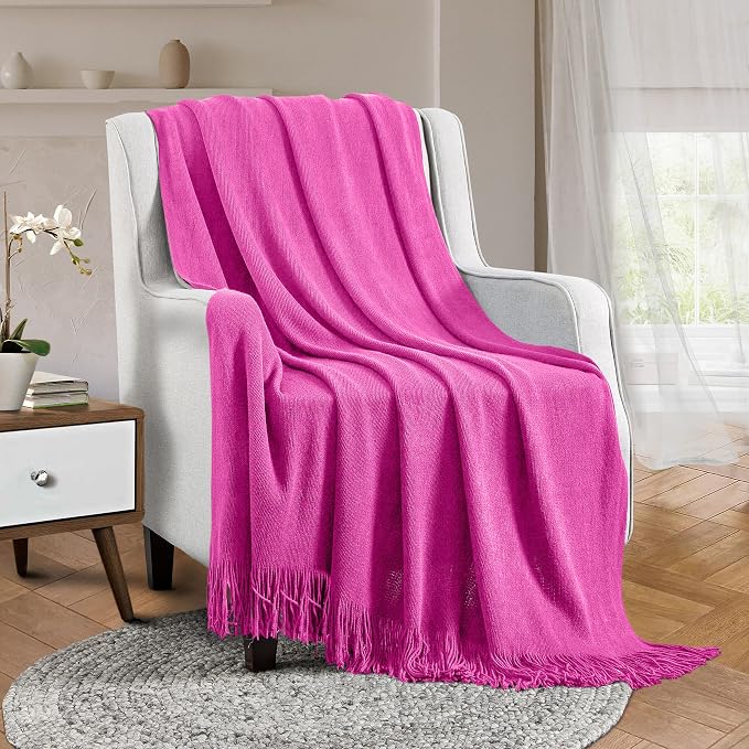 Vonty Hot Pink Knitted Blanket with Tassels Fringe 60" x 80", Super Soft Knit Throw Blanket, Farmhouse Decorative Lightweight Blanket for Couch, Sofa, Bed | Super Soft And Lightweight, Year-Round Cozy Warmth, Farmhouse Decorative Style, Machine Washabl...