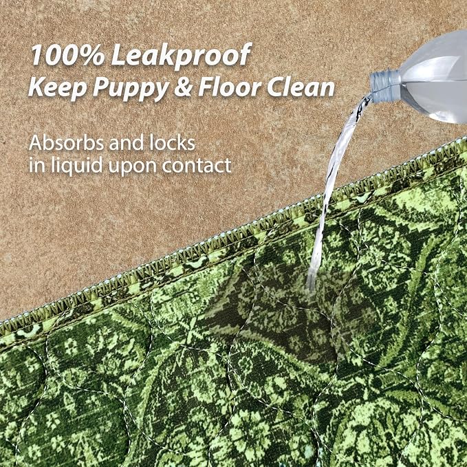 nunubaby Washable Pee Pads for Dogs, Stylish, Non-Slip and Leak-Proof Pee Pads. Reusable Potty Pads for Dogs for Crates and Floors.(Green/Multi,36" x36" )