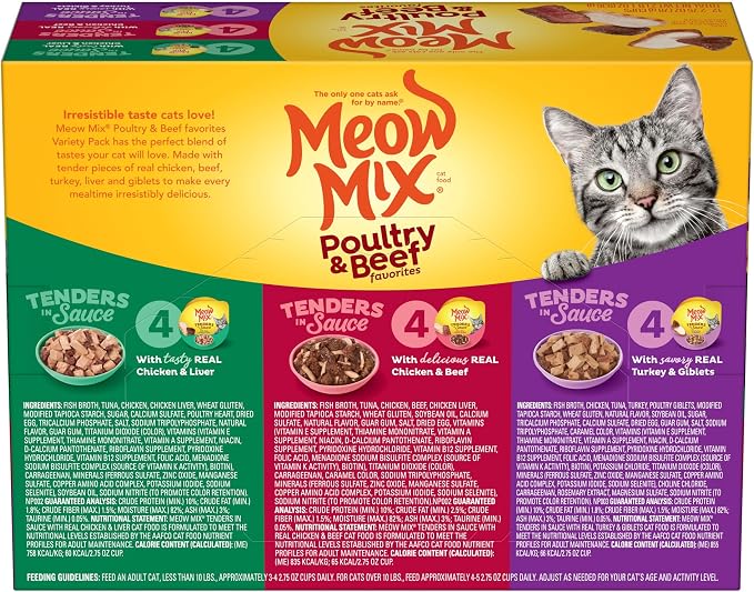 Meow Mix Tenders in Sauce Wet Cat Food,Poultry & Beef Variety Pack,2.75 Ounce Cup,(Pack of 96)