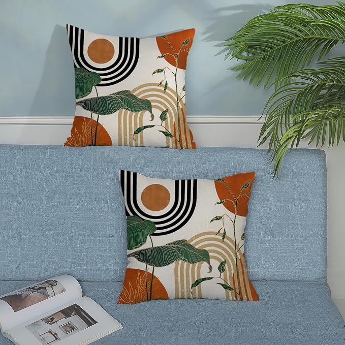 Boho Orange Pillow Covers 18x18 Set of 2 Green Gold Leaf Tropical Mid Century Throw Pillows Outdoor Bohemian Modern Decorative Pillowcase Farmhouse Linen Cushion Case for Couch Sofa Decor