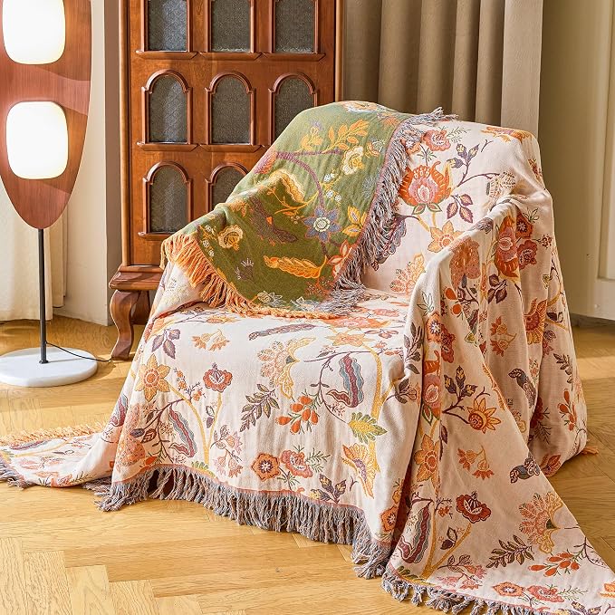 VANJOROY Boho Throw Blanket, 100% Organic Cotton Breathable Ultra Soft 91" x 108" King Bed Quilt Throw - All Season Floral Rustic Farmhouse Decor Luxury Blanket for Sofa Couch Chair and Gift