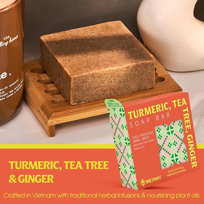 Turmeric, Tea Tree & Ginger Natural Soap Bar (4.2 oz) | Gentle Exfoliation & Refreshing Lather | Cold-Processed, Handmade in Vietnam (Pack of 1)