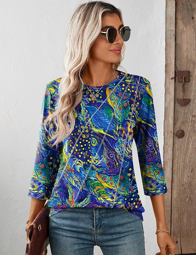 LOMON 3/4 Length Sleeve Womens Tops Spring Summer Fashion 2026 Tops Crew Neck Pleated Shirts Tunic Top Loose Fit