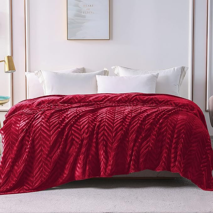 Whale Flotilla Flannel Fleece Fall Bed Blanket Queen Size, Red | Lightweight Breathable Soft Bedspread, Plush Fluffy Coverlet Chevron Design Decorative Blanket for Home Life, 90x90 Inch